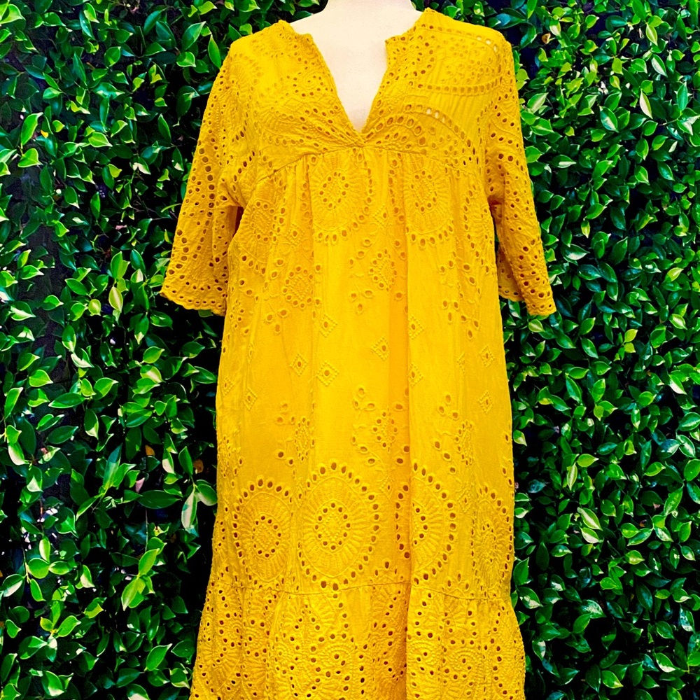Vanessa Zani Yellow Embroidered Midi Dress XL